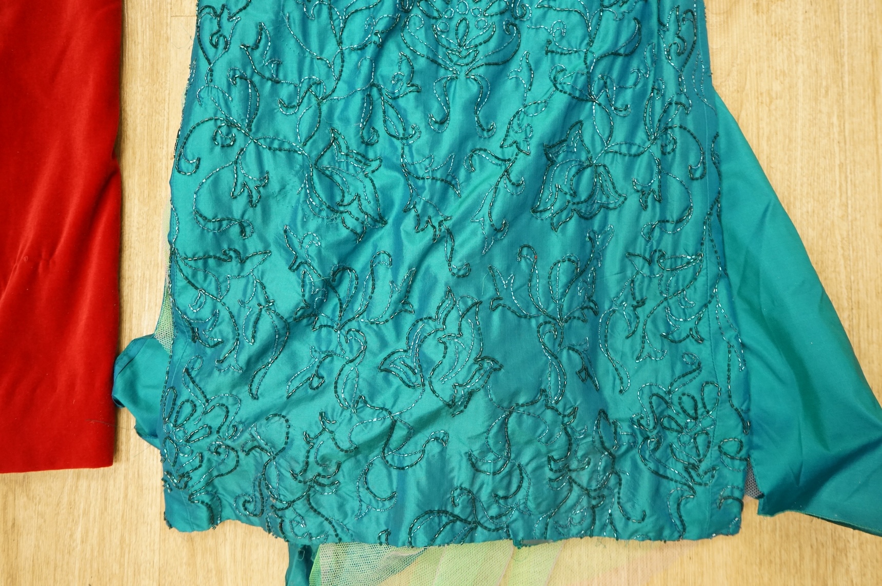 A 1960's/70's evening dress and jacket, with a red velvet dress